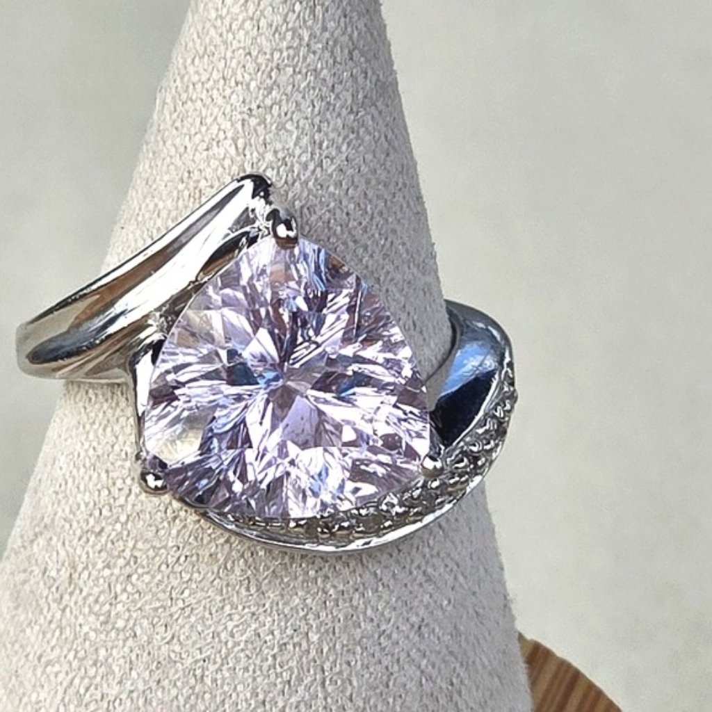 925 Sterling Silver Ring With Natural Pink Amethyst Gem & Cz